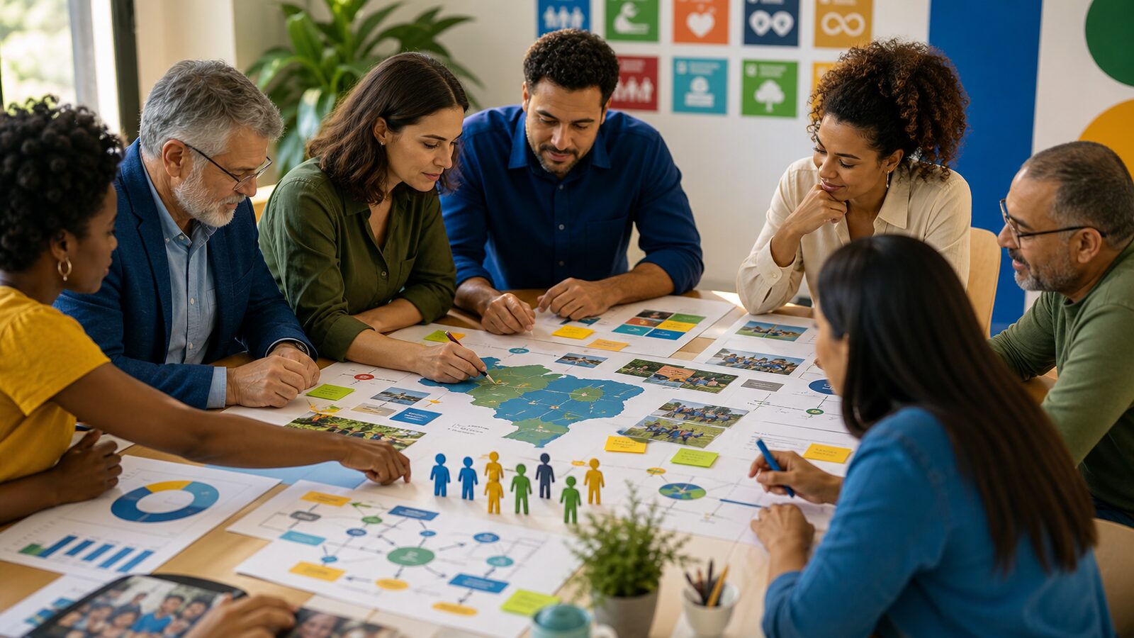 Equipe analisando indicadores e estratégias de um projeto social