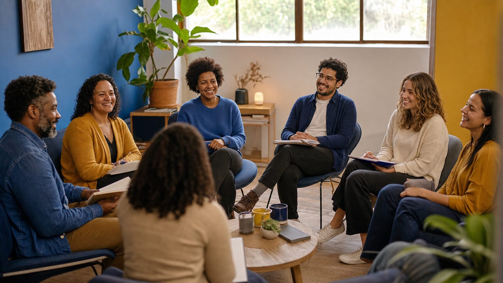 Pessoas reunidas em um encontro de acolhimento institucional